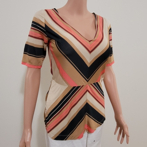 Veronica Maine Womens Top Size M Striped Orange Brown V neck Stretchy Flattering - Picture 3 of 9